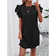 thumbnail image 5 of Black Women Solid Color Round Neck Puff Sleeve Casual A-Line Mini Dress, 5 of 7