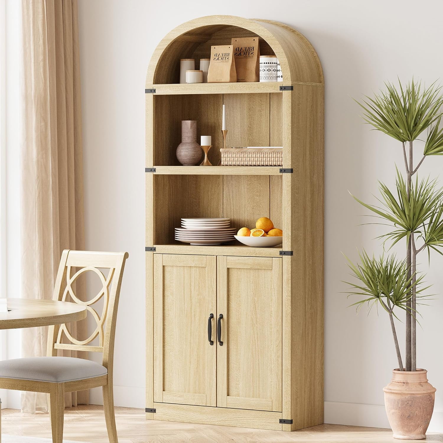 Accreate Bookcase with Doors Arched Bookshelf 71.65in Tall Bookcase Farmhouse Cabinet with Shelves Wooden Bookshelves for Home office, Living Room