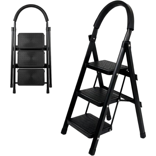 Escalera De Tijera Escalera Tubular Escalera Plegable Hecha de Acero Inoxidable Escalones Y Patas Antideslizantes Altura (3 Escalones Negro)