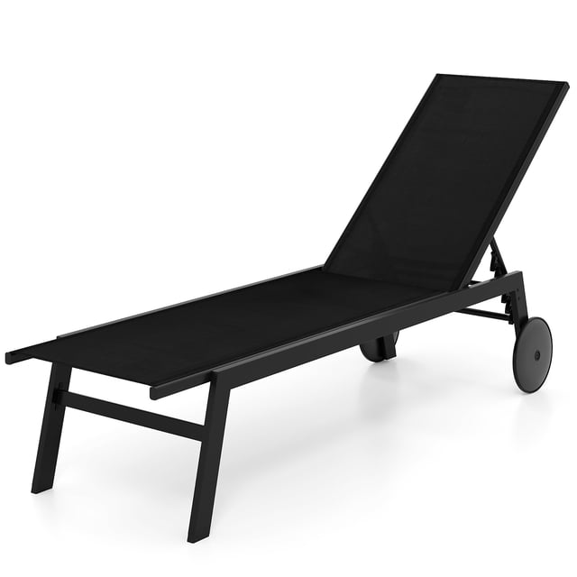 Gymax Chaise Longue de Patio avec Roues, Dossier Réglable à 6 Positions, Siège Respirant pour l'Extérieur, Noir