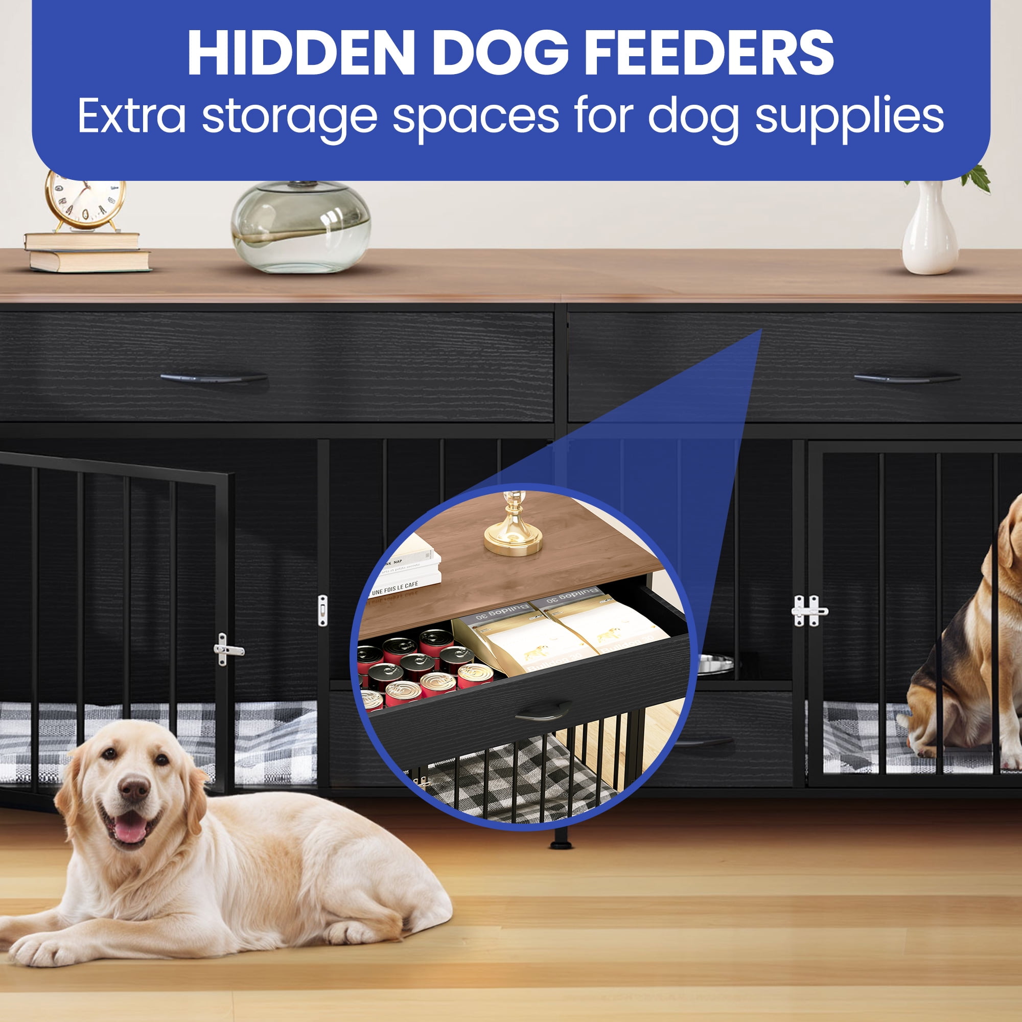 ModFusion 74" Black Double Dog Crate Furniture with 2 Drawers – Heavy-Duty Wood Pet Kennel & TV Stand for 2 Dogs, Lockable Doors, Modern Design