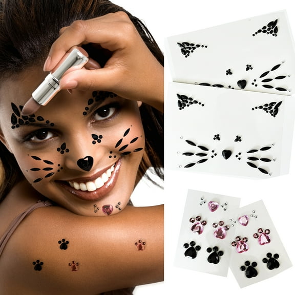 2-Sheet Black Cat Face Jewels and 2-Sheet Rhinestone Leapord Print Gems Stick on