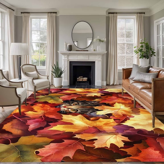 Area Rug for Living Room, Fall Non-Slip Indoor Large Carpet for Bedroom/Dining Room, Thanksgiving Farmhouse Cat in Maple Leaf Washable Low-Profile Rectangle Floor Runner Rugs - 5 x 8 Ft