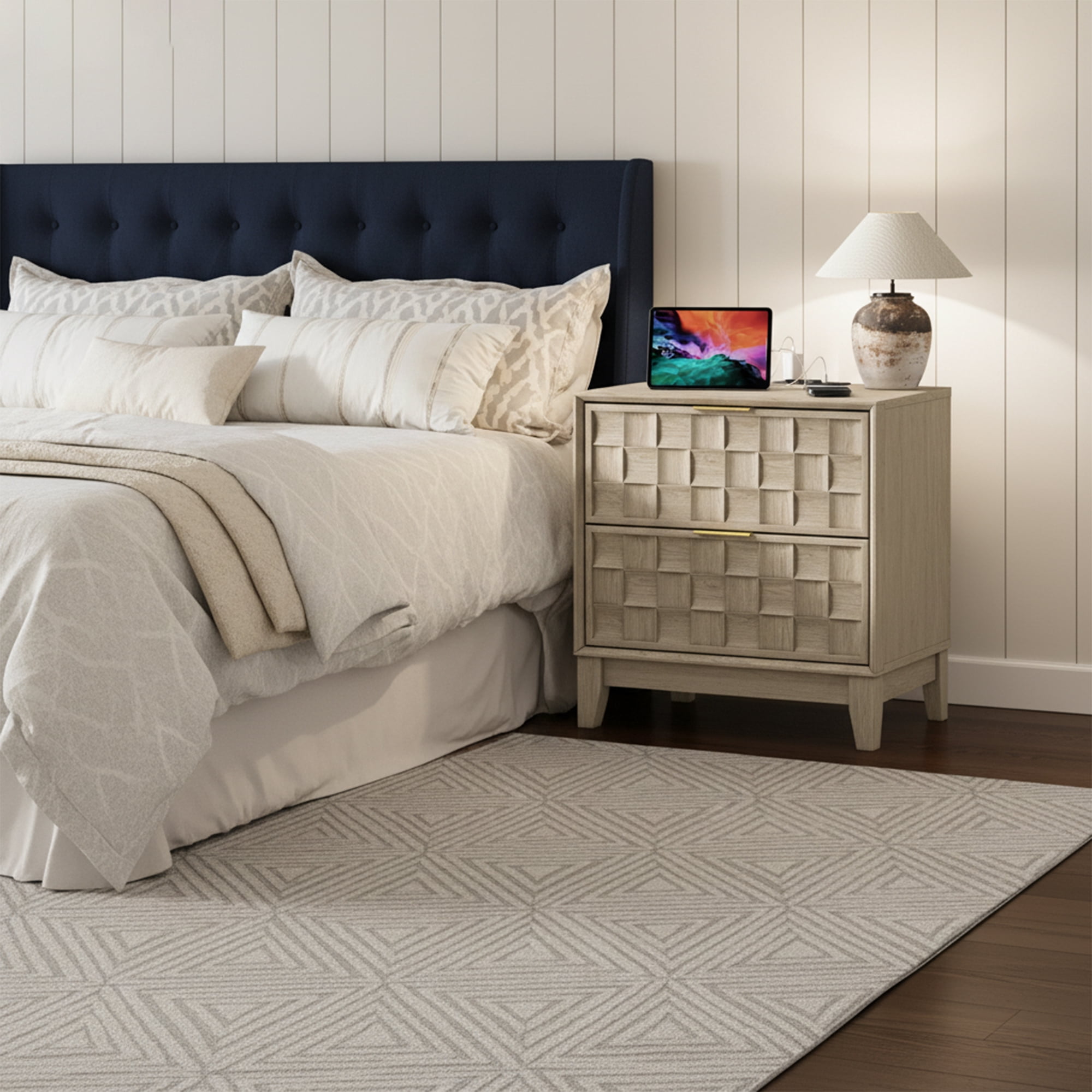 Nightstand with Charging Station, Modern 2 Drawer Bedside Table with Storage, 1 pack,Oak