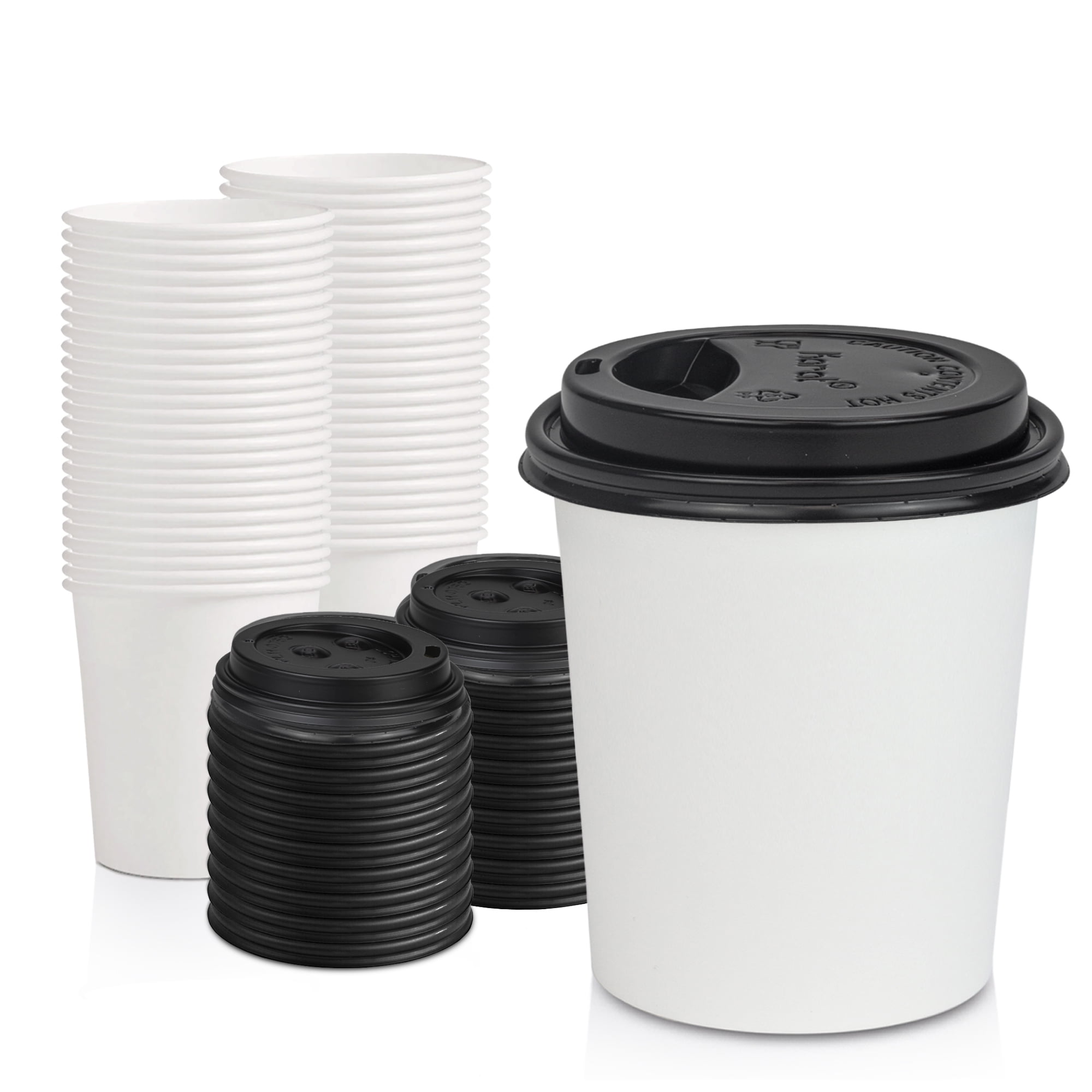 Poly Paper Disposable Hot Tea Coffee Cups with Dome Black Lids 100 Pack 12 Oz 