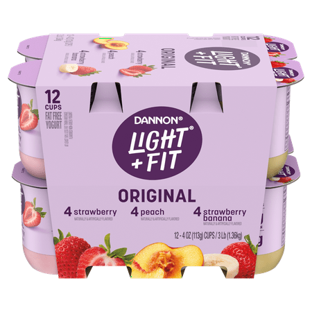 Dannon Light & Fit Non-Fat Strawberry, Banana & Peach Yogurt, Variety Pack, 4oz, 12 Count, Plastic Cup
