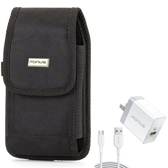 36W PD Home Charger + Case Belt Clip for Motorola One 5G Ace Phone - Fast Type-C 6ft Long Cable USB-C Power Cord and Rugged Holster Canvas Cover Combo for Motorola One 5G Ace