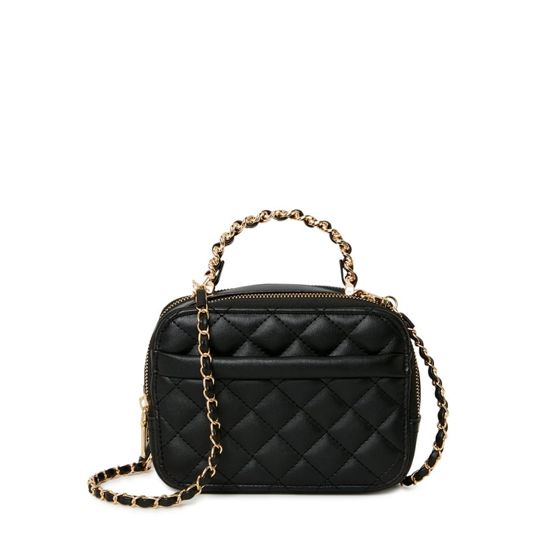 Jane & Berry Women's Small Quilted Faux Leather Barrel Bag with Gold-Tone Chain  Strap, Black 