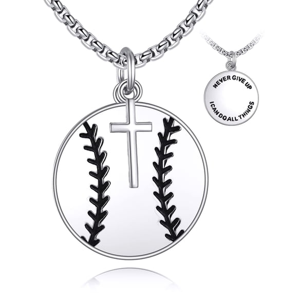 MYSTICPOEM Baseball Necklace Sterling Silver Never Give Up Pendant Cross Jewelry Softball Baseball Lover Gifts for Women Men Baseball Player