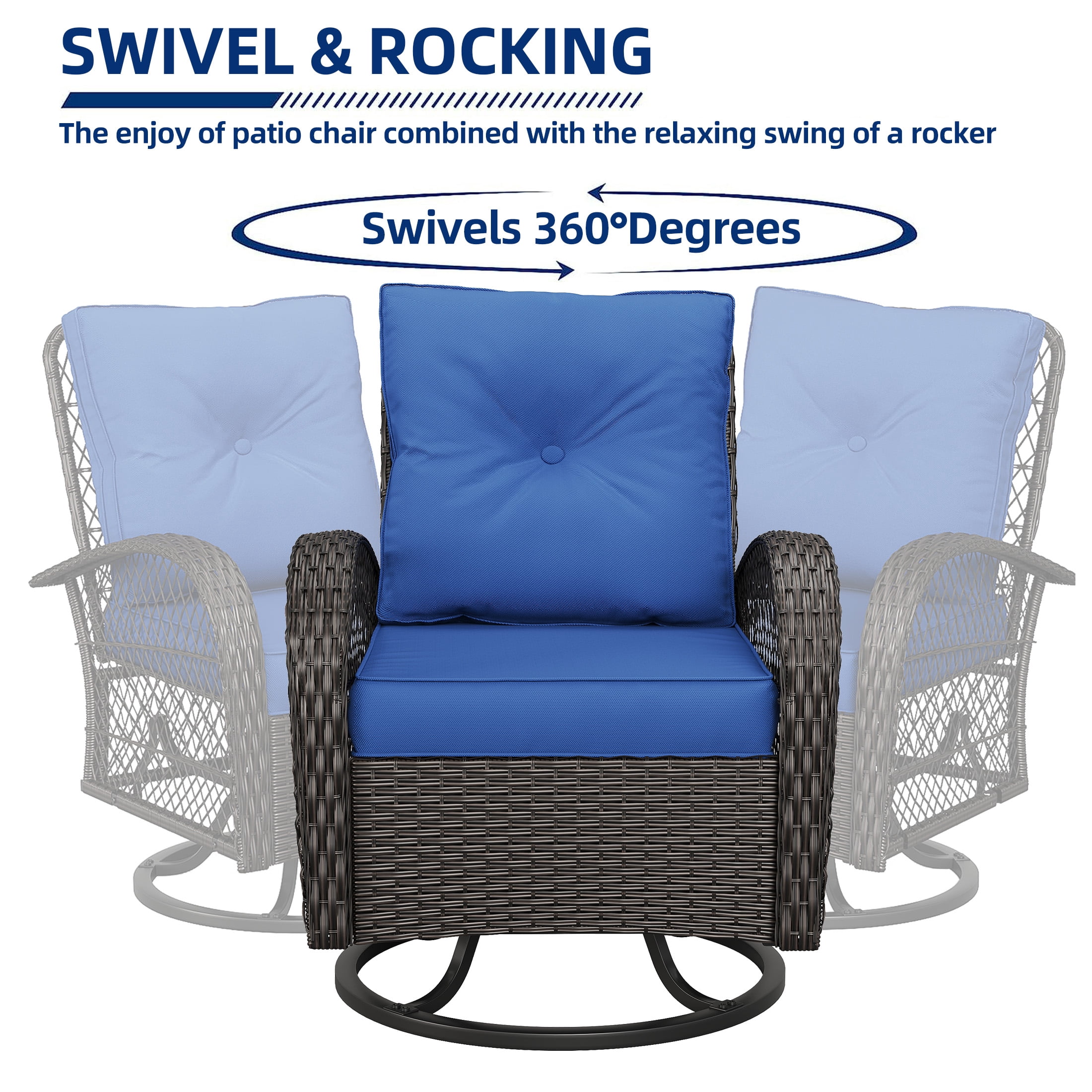 Techmilly 3 Pieces Patio Furniture Set, Outdoor Swivel Gliders Rocker, Wicker Patio Bistro Set with Rattan Rocking Chair for Porch Deck Backya (Navy Blue)