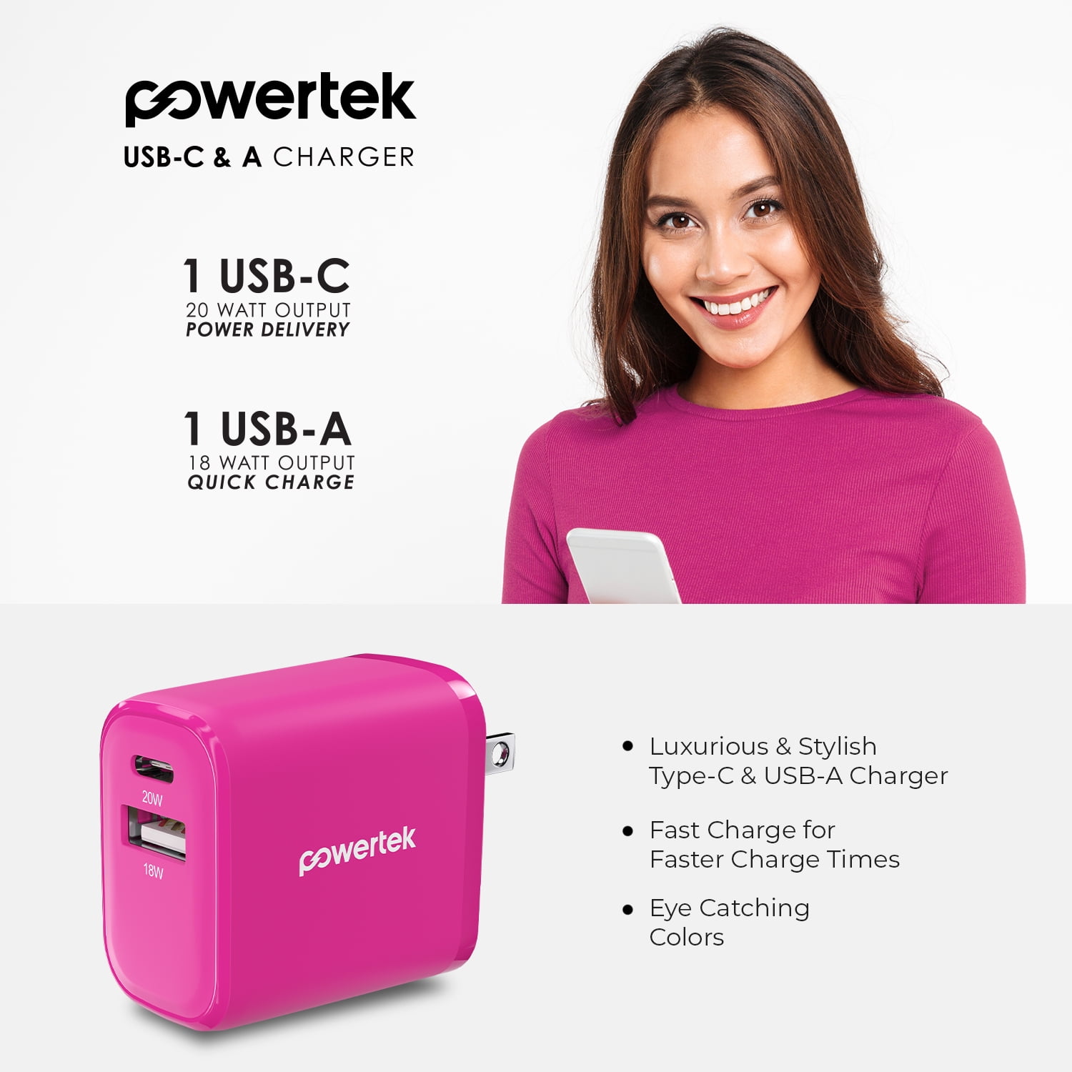 Liquipel Powertek Two Tone 20W Combo Wall Charger - Pink