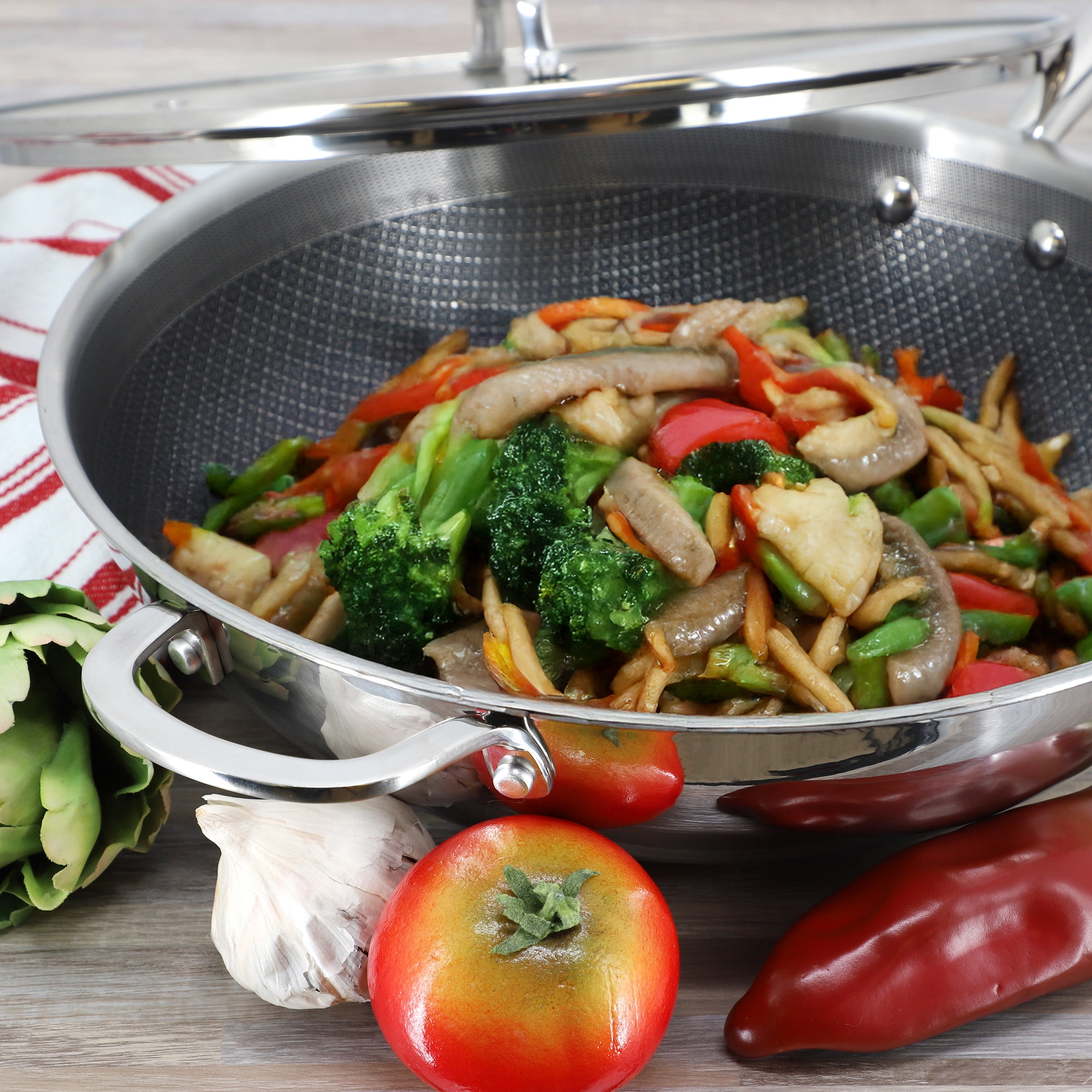 Better Chef 12.5 Inch 3-Ply Stainless Steel Nonstick Wok with Lid in Silver