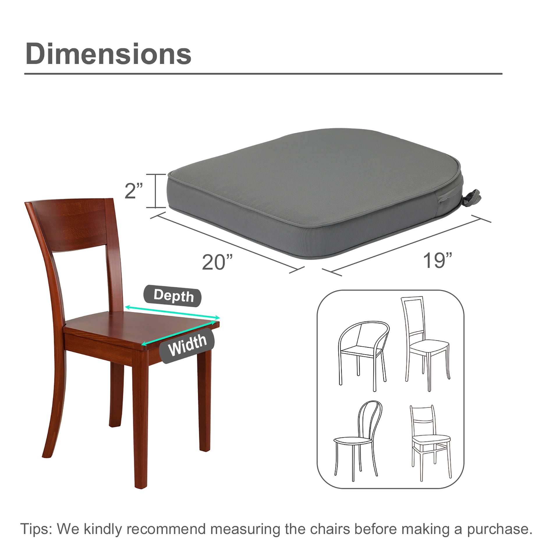 Aoodor Outdoor Chair Pads, 20"W x 19"D Patio Seat Cushion Set of 2, Fade-Resistant Polyester, Gray