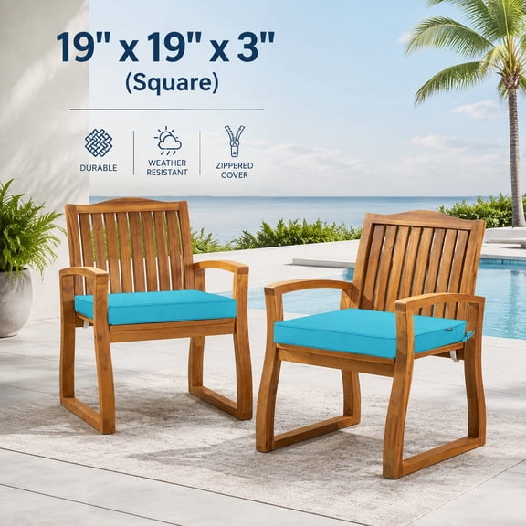 Outdoor Chair Cushions 19x19 Inch Water Resistant Patio Seat Cushions with Ties, Thick Outdoor Garden Lawn Furniture Pads, Teal, Set of 2
