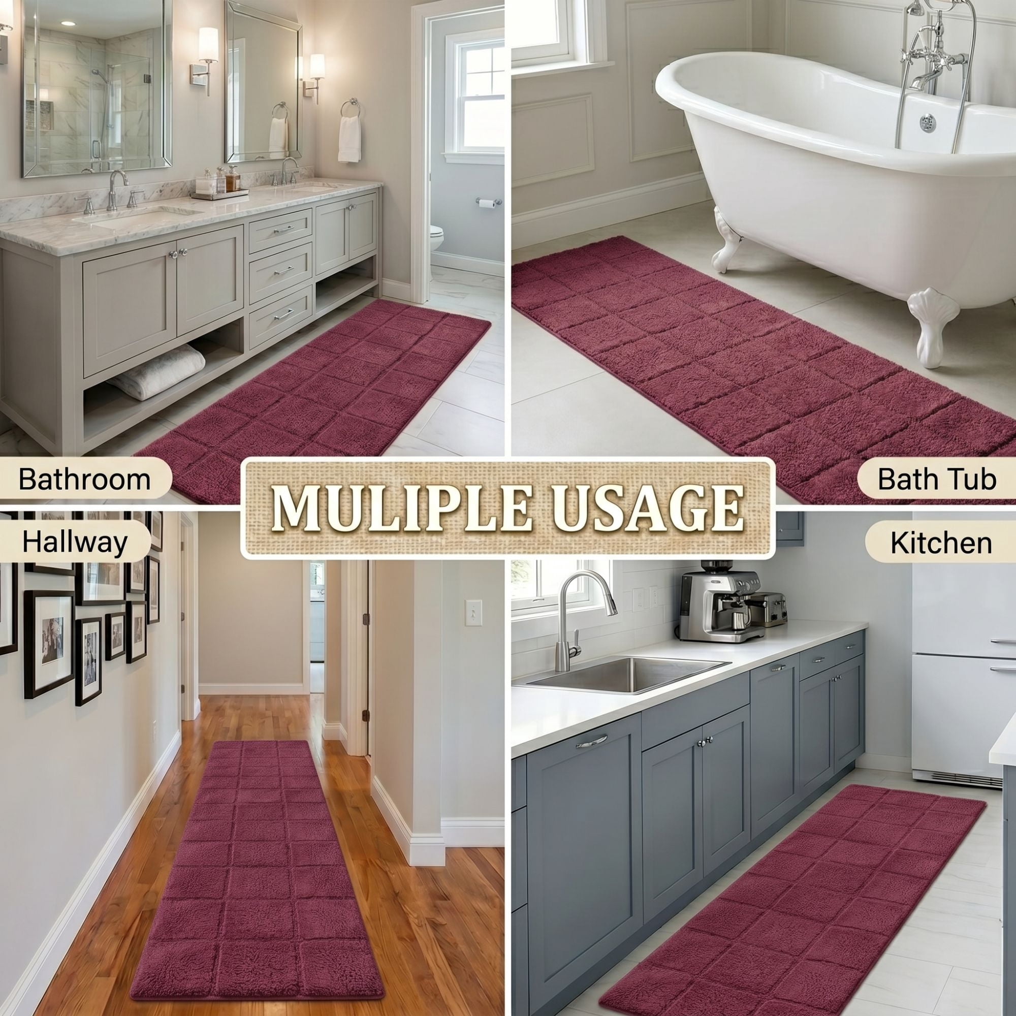 Superior Checkered Cotton Washable Non-Slip Bath Rug, Runner Size, Plum