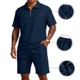 thumbnail image 2 of Fabrcox Waffle 2 Piece Outfits for Men Quarter Zip Short Sleeve Shirt and Shorts Set Summer Vacation Athletic Mens Track Suit Blue XXL, 2 of 7