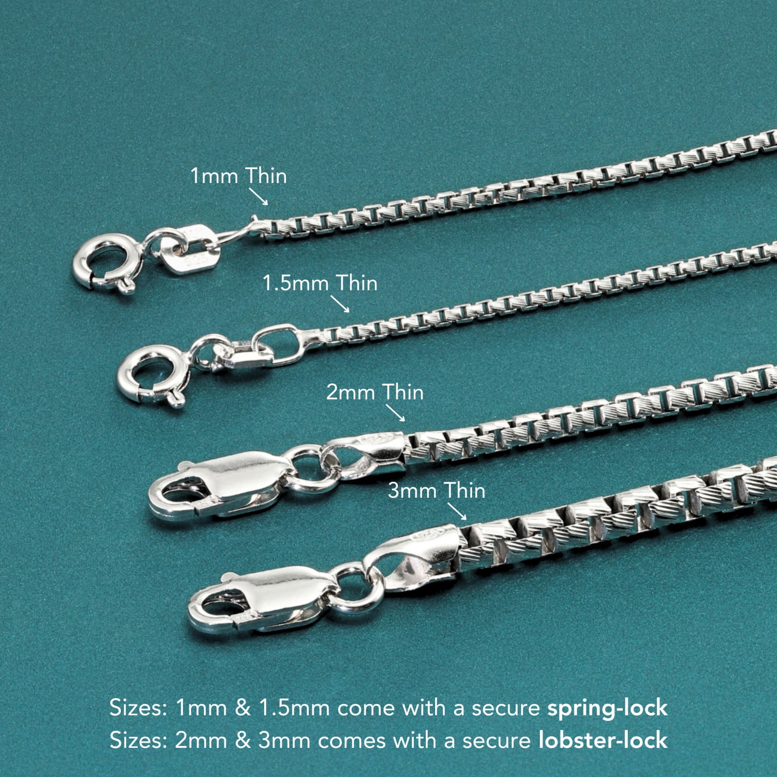 Tilo Jewelry Solid 925 Sterling Silver Diamond-Cut Engraved Box Chain Necklace with Secure Lobster Lock | 1.5mm - 16 Inch | Everyday Necklace for Men & Women