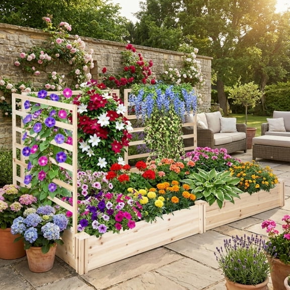 ELLEGNT Natural Wooden Raised Garden Bed with 2 Planter Boxes 3 Trellises