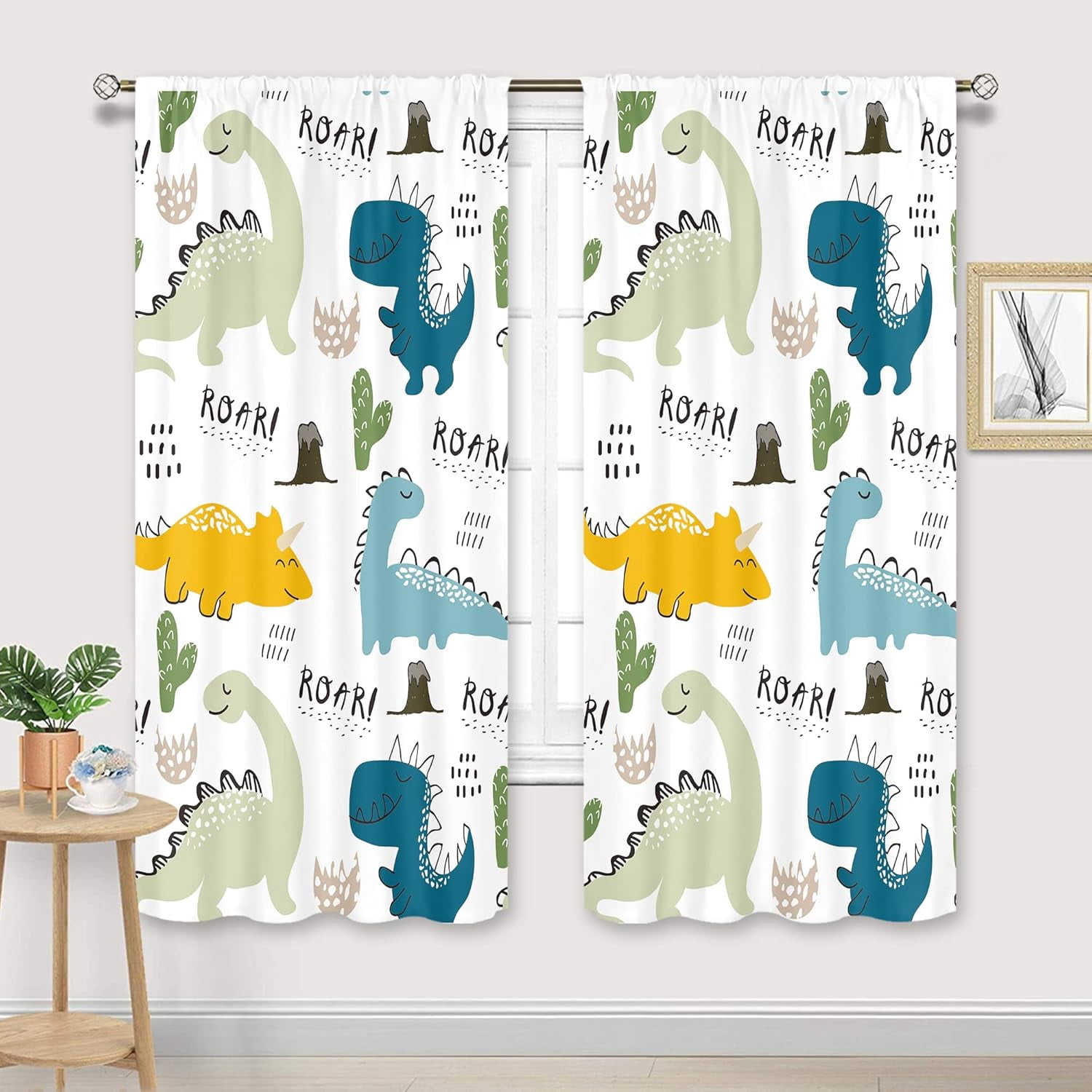 Kids Dinosaur Curtains for Baby Boys 42Wx63L Inch Rod Pocket Cute Cartoon Dino Toddler Room Decor Nursery Colorful Safari Funny Animal Printed Bedroom Living Room Window Drapes Fabric 2 Panels