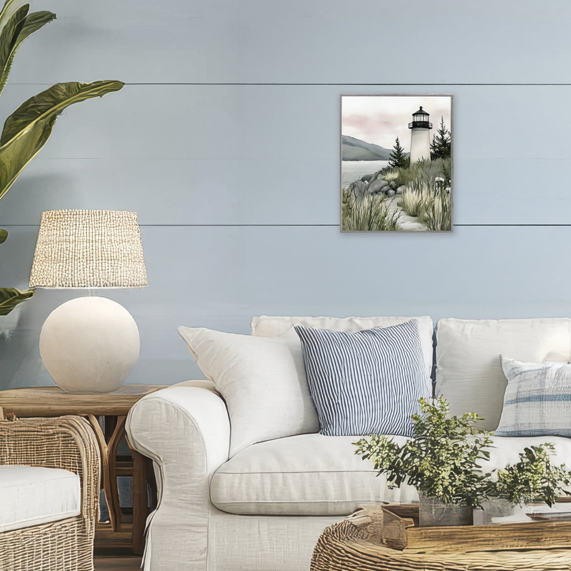 Stupell Industries Coastal Calm Lighthouse Gray Framed Giclee Art, design by Riley B