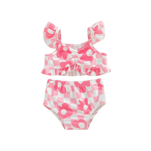 Genuiskids Infant Baby Girls Bikini Set Plaid Flower Print Fly Sleeve Camisole with Briefs Bathing Swimsuit for Summer Beach
