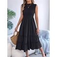 thumbnail image 6 of Women'S Ruffle Trim Flutter Sleeve Midi Dress Pleated Crew Neck Tiered Smocked Flowy Dresses Black L, 6 of 9
