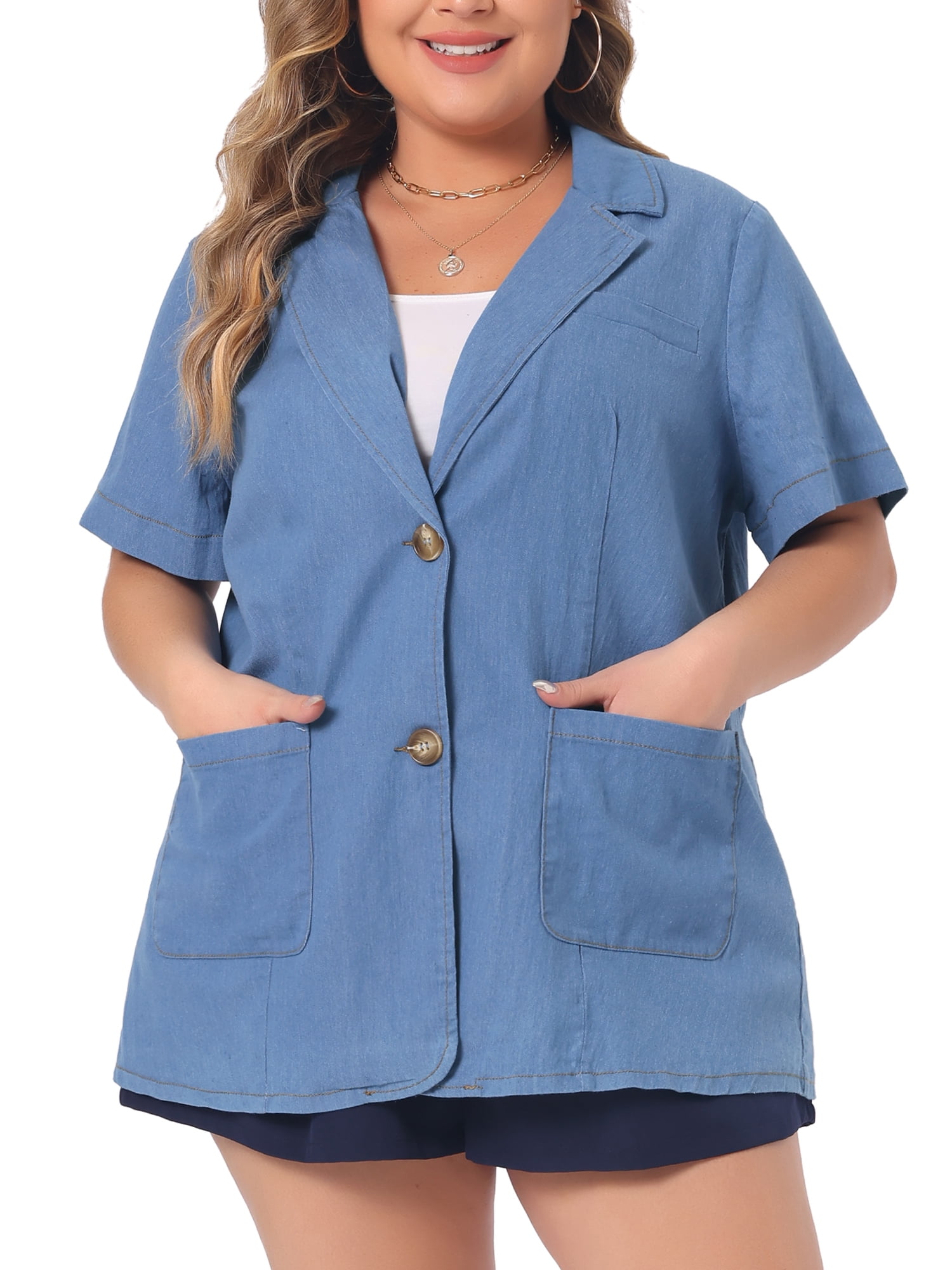 Unique Bargains Women Plus Size Denim Shirt Short Sleeve Button Down Chambray Shirts Sky Blue 4X