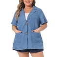 thumbnail image 2 of Unique Bargains Women Plus Size Denim Shirt Short Sleeve Button Down Chambray Shirts Sky Blue 1X, 2 of 6