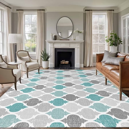 Non-Slip Rug Pad Rugs Vintage Rustic Morocco Geometric Print Rectangle Area Rugs 8x10Ft Soft Carpet Pads for Living Room Kids Room Retro Flower Plaid