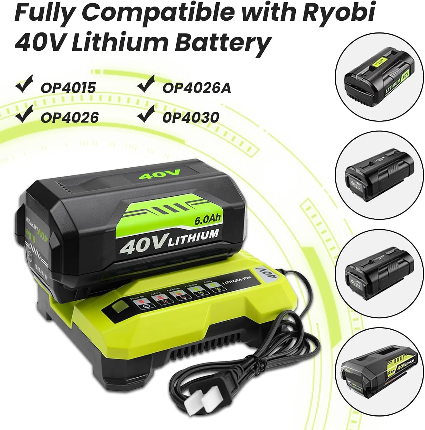 2 Pack Replacement for Ryobi 40V Battery and Charger Compatible with Ryobi 40 Volt Battery Lithium OP4040 OP40401 OP4026 OP40261  Compatible with 40 Volt Cordless Power ToolGreen