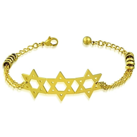 Stainless Steel Yellow Gold-Tone Triple Jewish Star of David Chain Bracelet, 9"