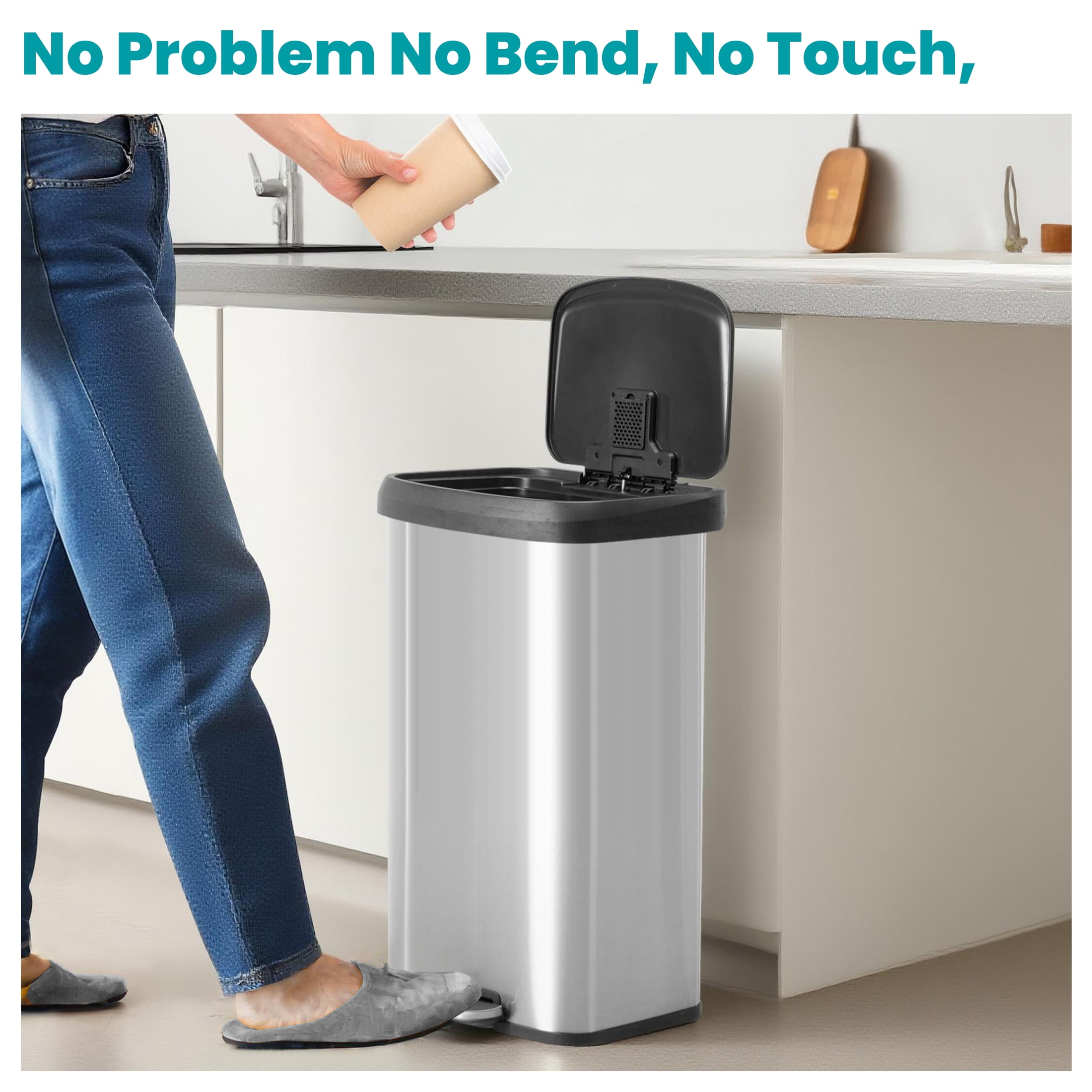 EDX 21.13 Gallon Lidded Recycling Bin, Pedal-Operated Trash Can, Stainless Steel, Silver