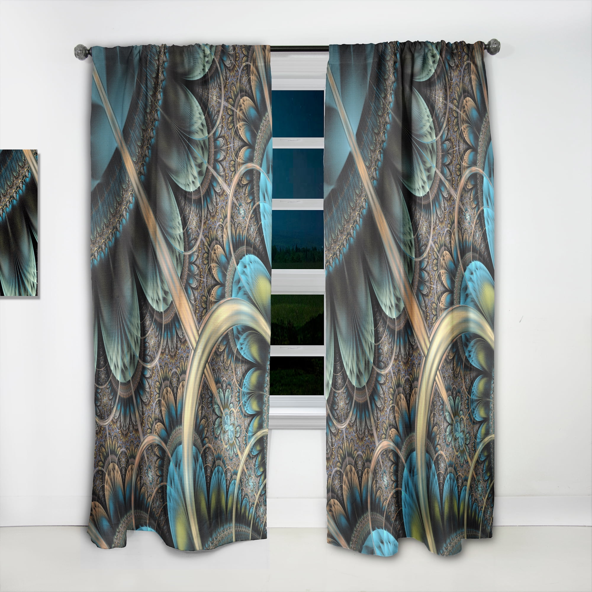 Designart 'Large Blue Brown Fractal Floral Pattern' Floral Curtain Panel
