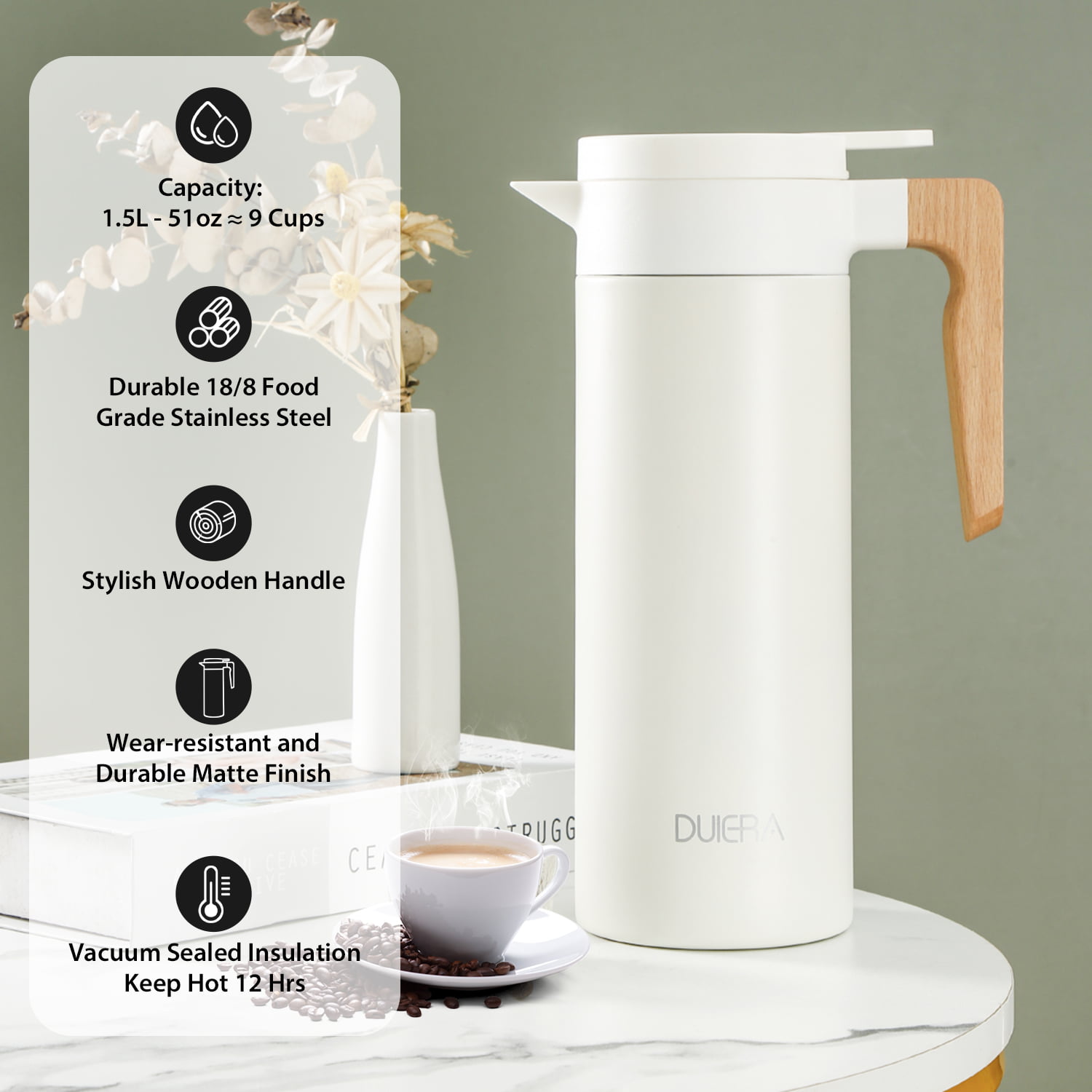 Coffee Carafe, Thermal Coffee Carafe Tea Pot 2L Coffee Carafe Dispenser  Stainless Steel Coffee Thermos Urn with Beech Wood Handle for Coffee Hot  Water Tea(White)
