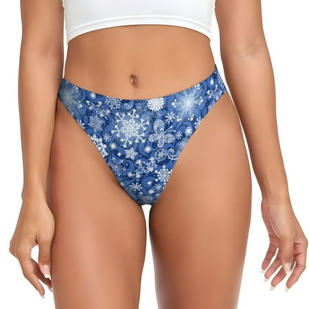 Qokaie whiet Snowflake blue background Printed Women s Cotton Thong Underwear  Sexy Breathable Panties G-string-X-Large
