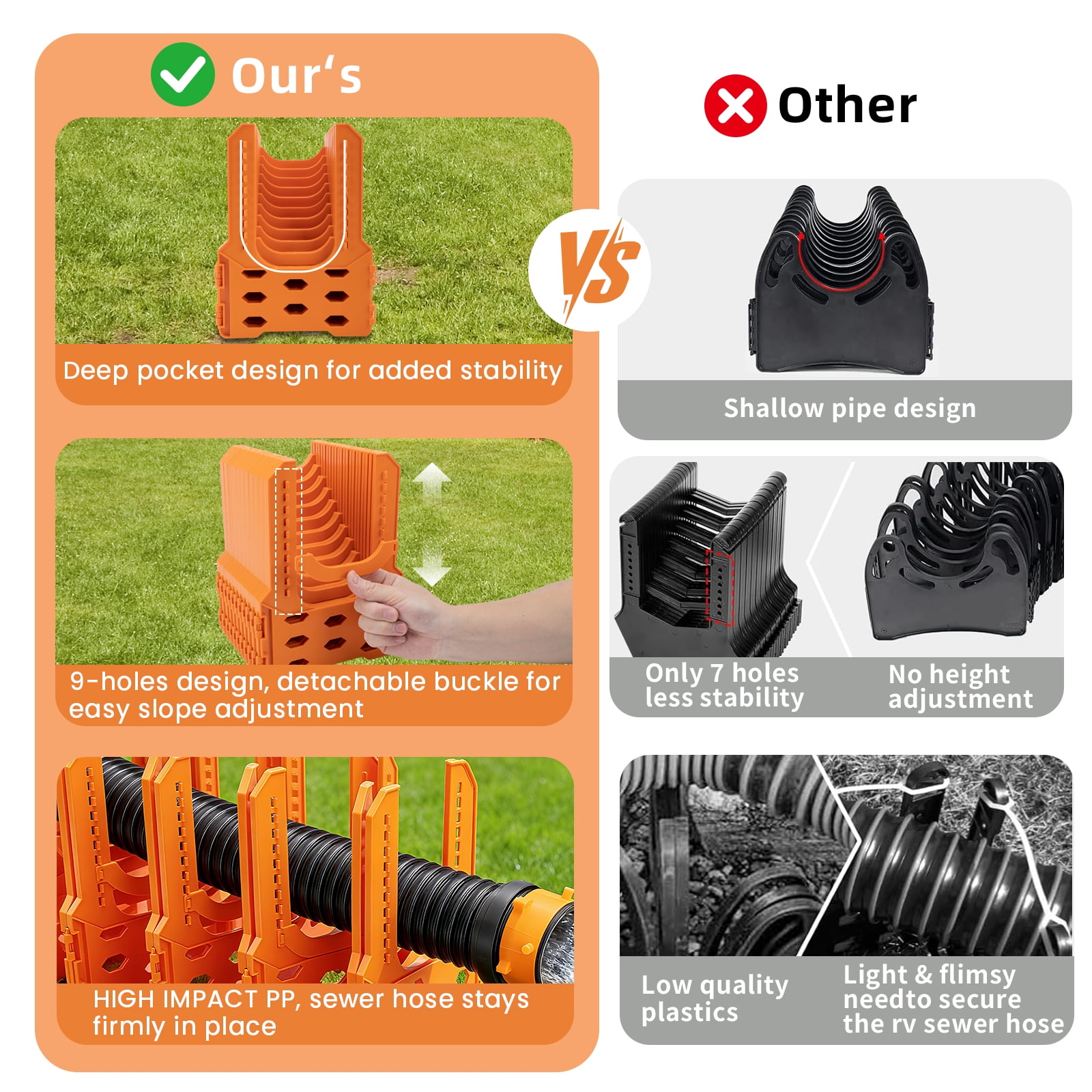 RV Sewer Hose Support, 10FT Adjustable RV Hose Support Holder Camper Sewer Hose Support for Fast & Secure Dumping with carrying Strap, Orange