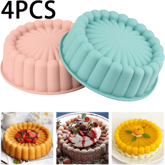 4 Pcs Charlotte Cake Pan, 8 Inch Round Cake Pan, Nonstick Silicone Cake Molds for Cheese Cake, Chocolate Cake, Rainbow Cakes, Strawberry Shortcake, Brownie Tart Pie, Bule*2 and Pink*2