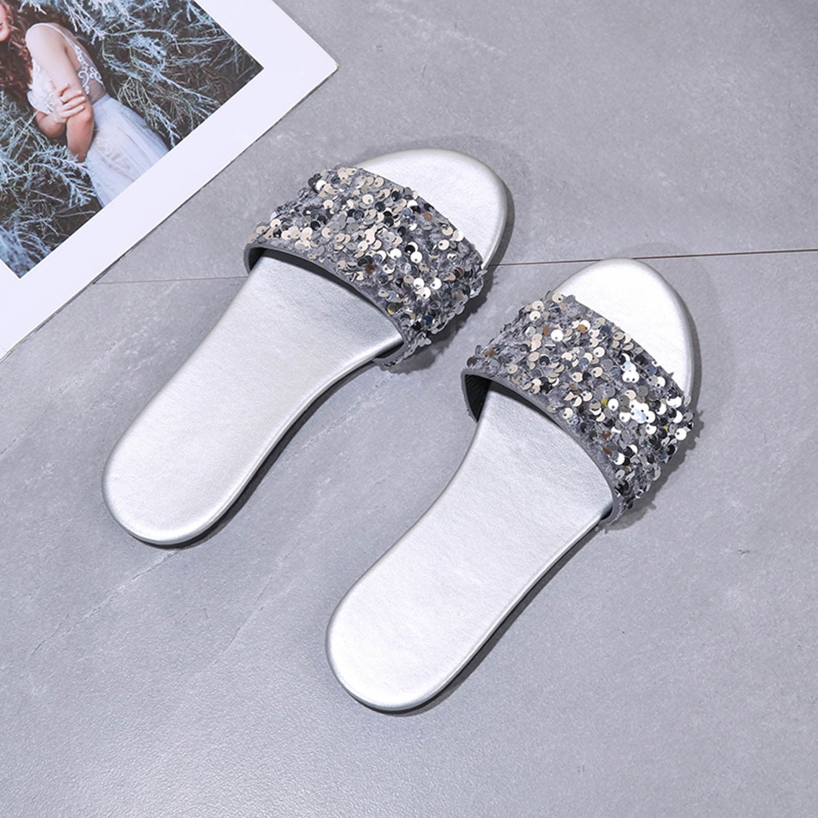 Jsezml Sequins Slide Sandals for Women Glitter Open Toe Slippers Comfort  Indoor Outdoor Slipper Summer Casual Flat Sandal