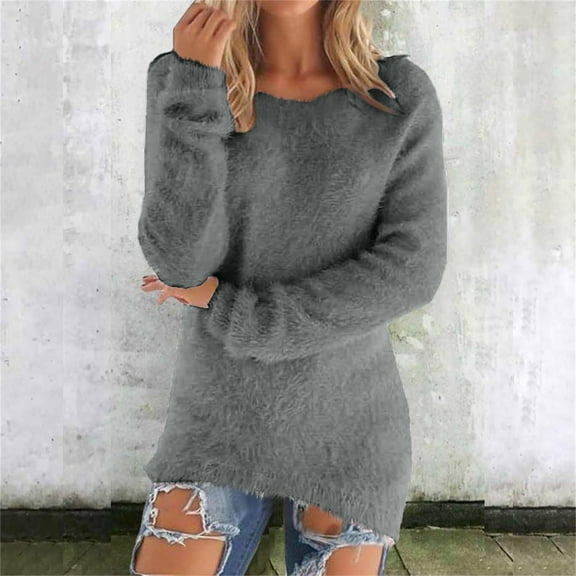 Cozy Sweaters for Women Trendy Fuzzy Knit Sweater Tops Long Sleeve Crewneck Casual Pullover Gray XL