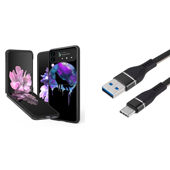Bemz Premium Bundle for Samsung Galaxy Z Flip 3 5G: Slim Snap-On Protector Case (Howling Wolf), Nylon Braided USB-C to USB-A Cable (3 Feet)
