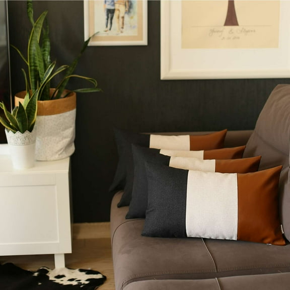 Boho-Chic Set of 4 Handcrafted Decorative Throw Pillow Cover Vegan Faux Leather Solid 12" x 20" Black & Ivory & Brown Lumbar for Couch, Bedding