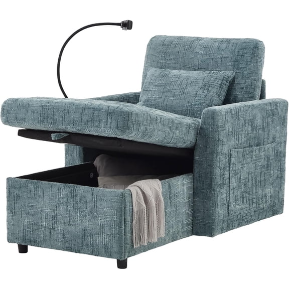 32" Chaise Lounge Sofa Bed Chair with Storage, Side Pockets, Phone Holder & 2 Pillows Modern Chenille Upholstered Sleeper Sofa Leisure Chair for Living Room Bedroom Small Spaces (Lake Blue)