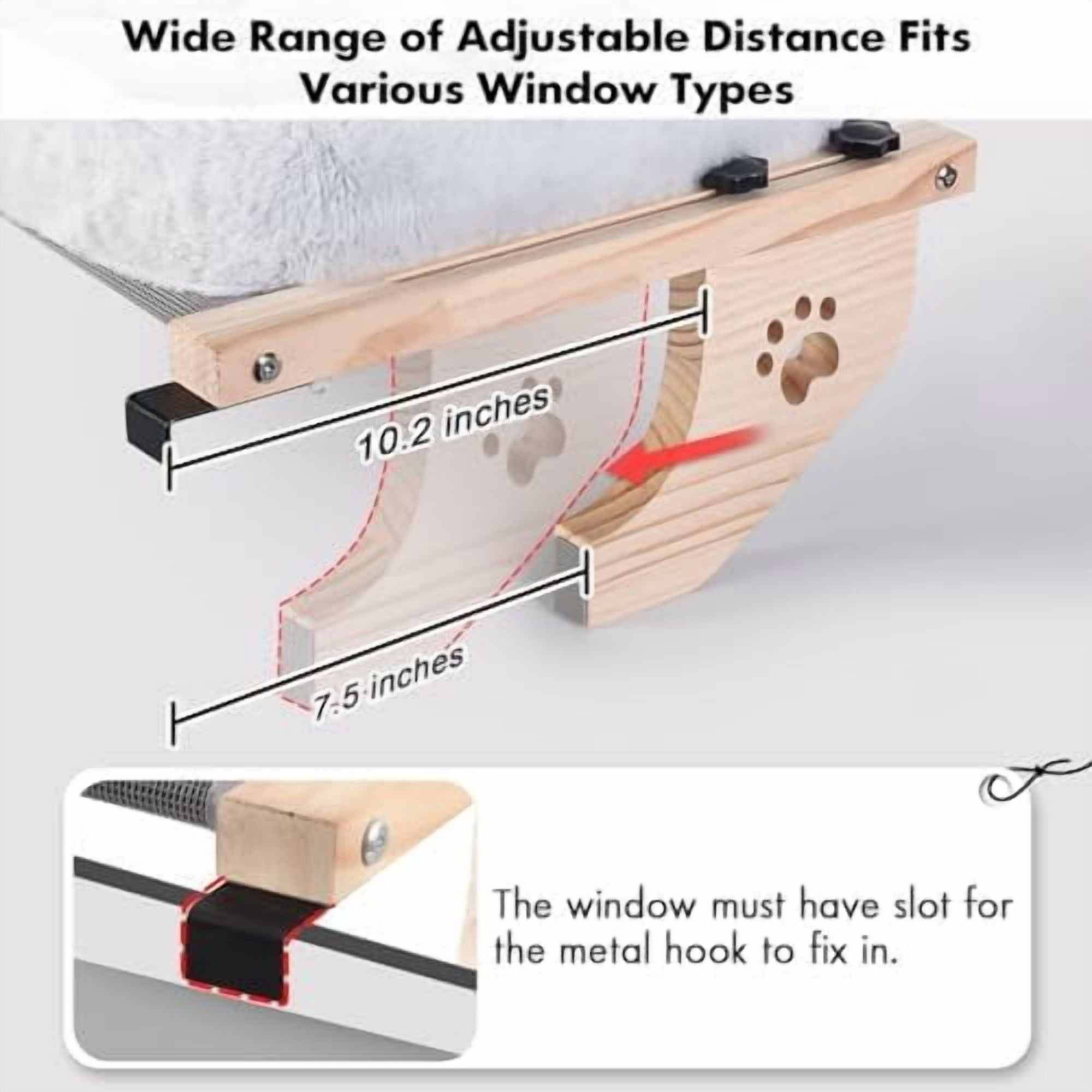 Cat Sill Window Perch Sturdy Hammock Window Seat with Cushion Cover, Wood & Metal Frame for Large Cats, Easy to Adjust Cat Bed for Windowsill, Bedside, Drawer and Cabinet (L)