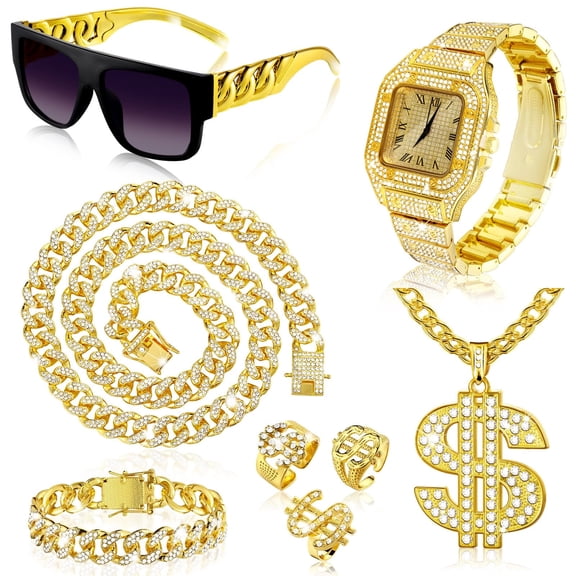 8pcs Hip Hop Jewelry Set, Dollar Sign Gold Pendant Necklace Bracelet Watch Sunglasses Rings, 80s 90s for Men
