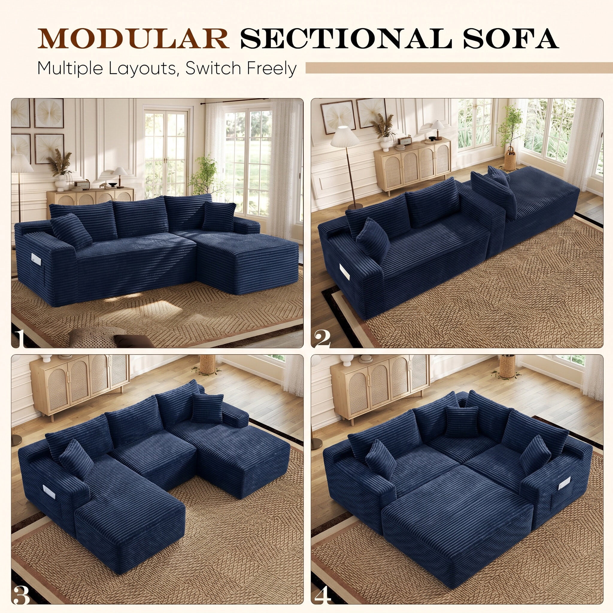 Lunale Small Modular Sectional Sofa with Movable Chaise, L-Shaped Boneless Cloud Couch for Living Room, Blue (Right Facing Chaise)