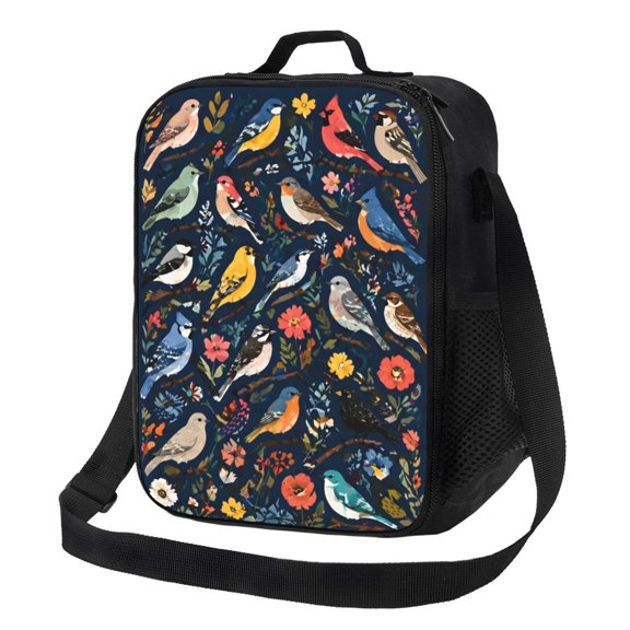 Colorful Songbird Floral Lunch Bag Insulated Thermal Lunch Box with Shoulder Strap & Handle for Women and Men
