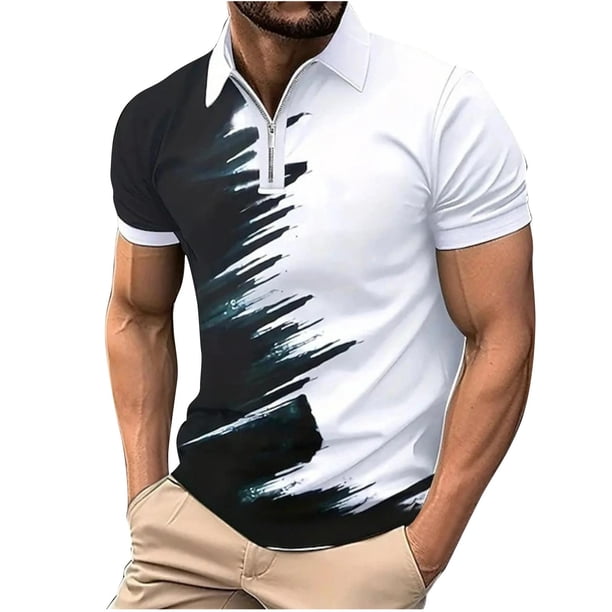 Mens Camisas de Manga Corta Rayas Zip-Up Solapa Deportes Top, Casual Camisa de Manga Corta para Hombres