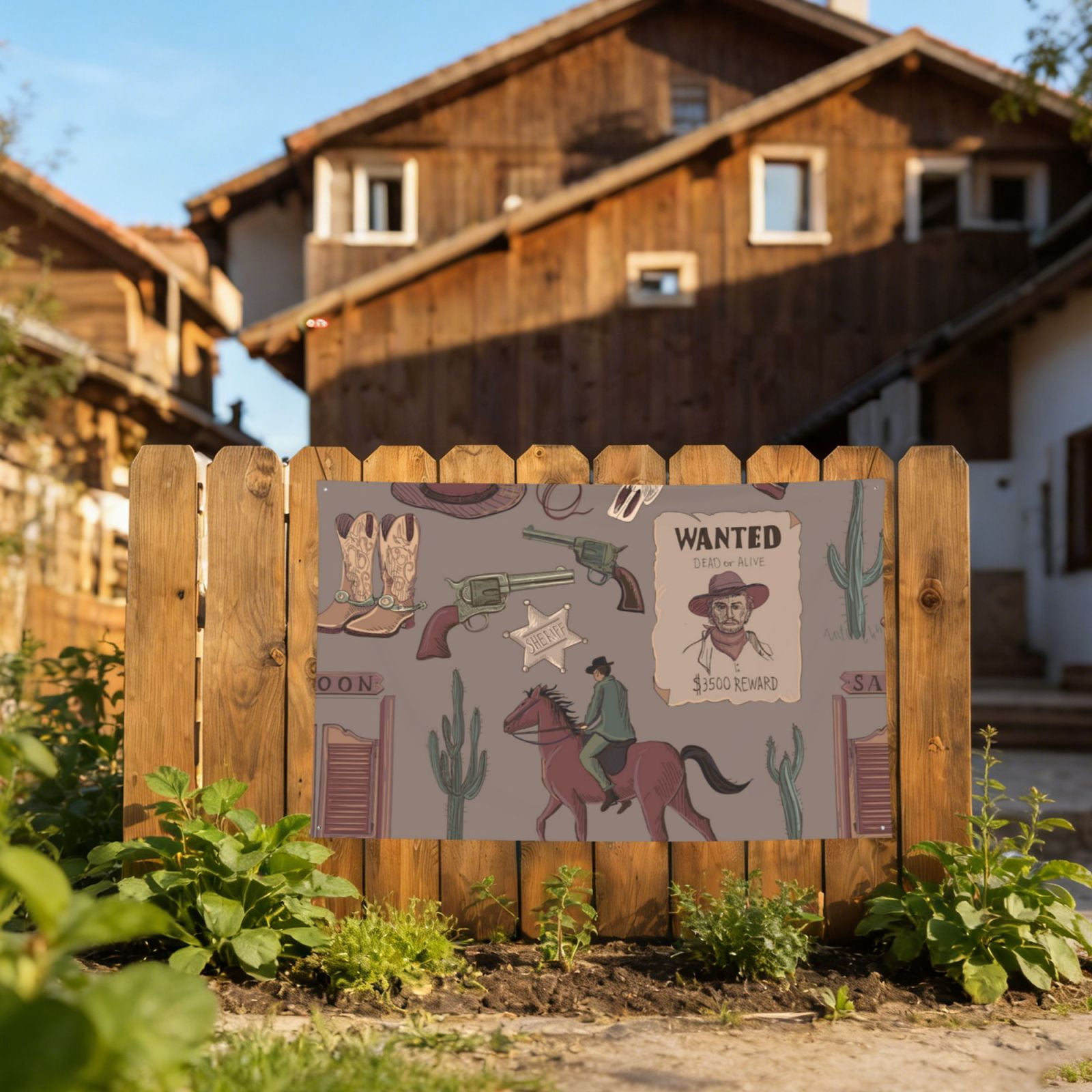 Wild West Wanted Poster Four Hole Decorated Banner Flag for Garden Yard Home Decoration Indoor Outdoor 4x6 Ft