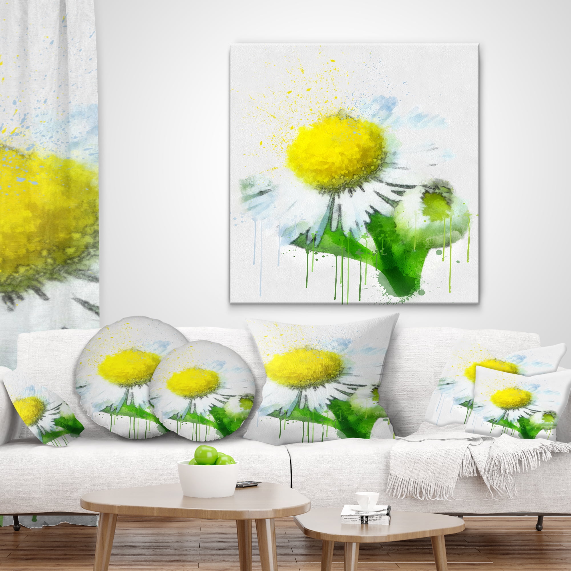 Designart Yellow Chamomile Sketch Watercolor - Floral Throw Pillow - 16x16