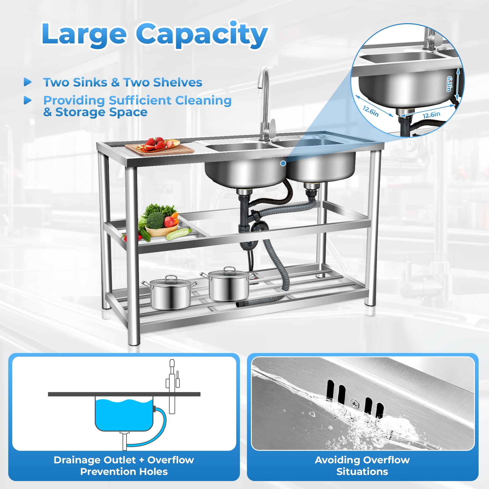 Peakora 3 in 1 Kitchen Utility Sink Stainless Steel Kitchen Sink with Two Sinks and Faucet Freestanding Outdoor Kitchen Commercial Sink with Double-Layer Storage Shelf